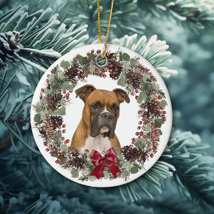 Adorno De Cerámica Boxer Dog Red Bow Pinecone Wreath Personalizado