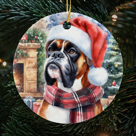 Adorno De Cerámica Boxer Dog Scarf y Santa Hat Navidades