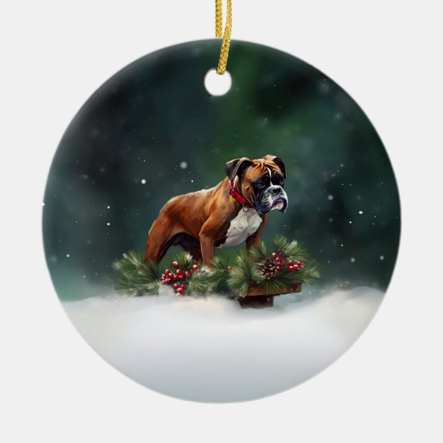 Adorno De Cerámica Boxer Navidad nieve invierno (Frente)