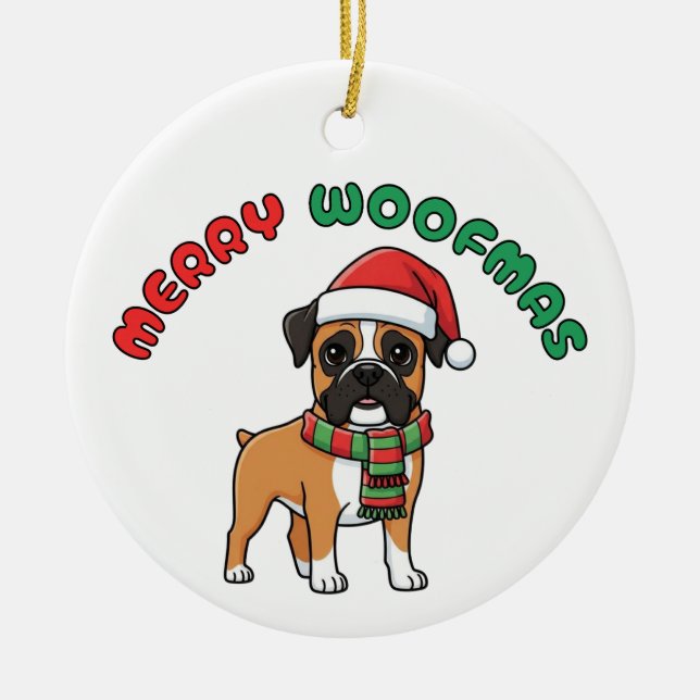 Adorno De Cerámica Boxer Ornament, navidades: Merry Woofmas (Frente)