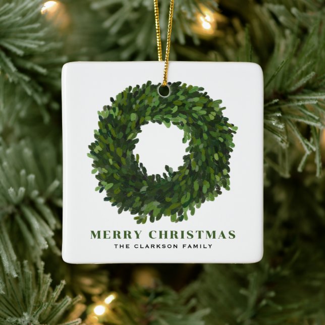 Adorno De Cerámica Boxwood pintada a mano Wreath Feliz Navidad (Árbol)