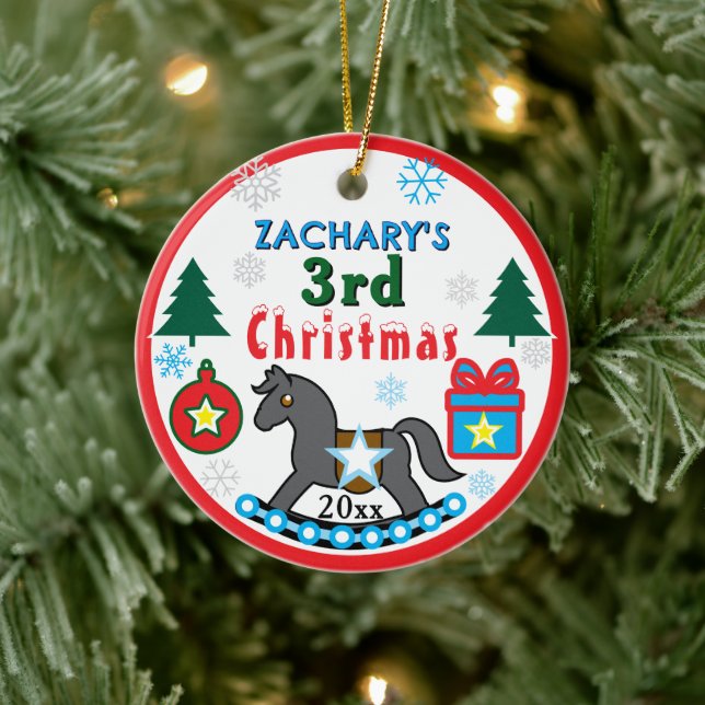 Adorno De Cerámica Boy 3rd Christmas PHOTO Gray Blue Horse (Árbol)
