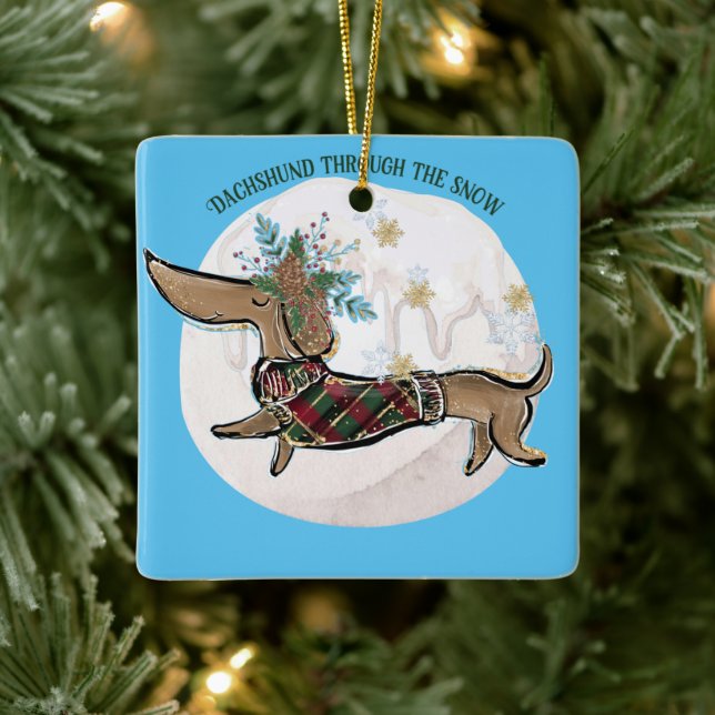 Adorno De Cerámica Boy Dachshund A Través De La Nieve (Árbol)