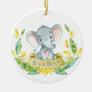 Adorno De Cerámica Boy Elephant Baby Shower Amarillo