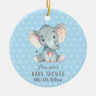 Adorno De Cerámica Boy Elephant Baby Shower azul y gris