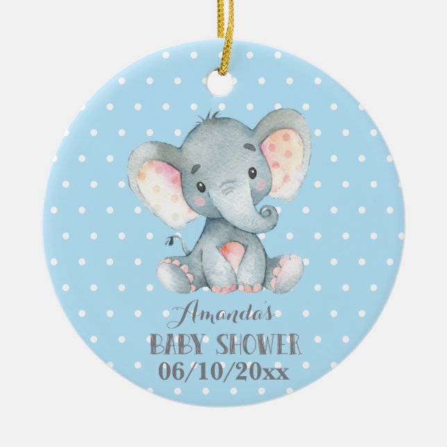 Adorno De Cerámica Boy Elephant Baby Shower azul y gris (Frente)