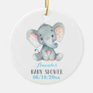 Adorno De Cerámica Boy Elephant Baby Shower azul y gris