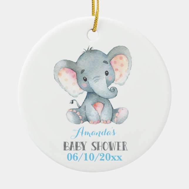 Adorno De Cerámica Boy Elephant Baby Shower azul y gris (Frente)