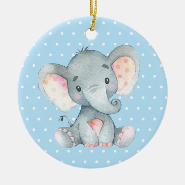 Adorno De Cerámica Boy Elephant Baby Shower Blue (Frente)