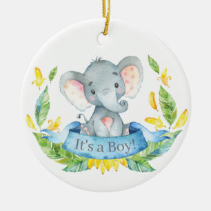 Adorno De Cerámica Boy Elephant Baby Shower Blue