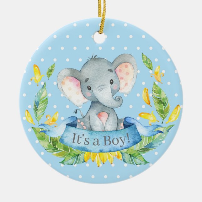 Adorno De Cerámica Boy Elephant Baby Shower Blue (Frente)