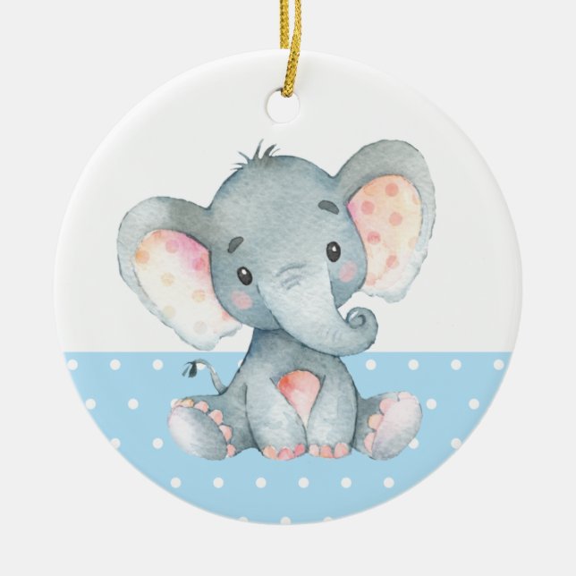 Adorno De Cerámica Boy Elephant Baby Shower Blue (Frente)