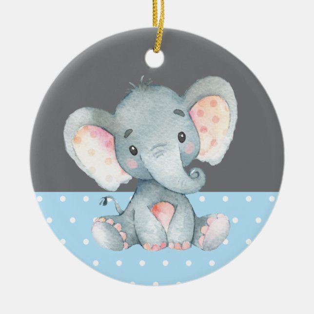 Adorno De Cerámica Boy Elephant Baby Shower Blue (Frente)