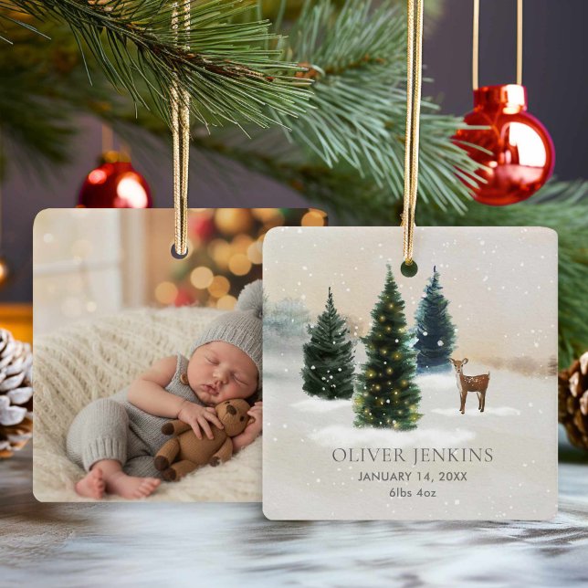 Adorno De Cerámica Boy First Christmas Birth Stats Woodland Photo (Rustic Forest Woodland Birth Stats with Photo Ornament)