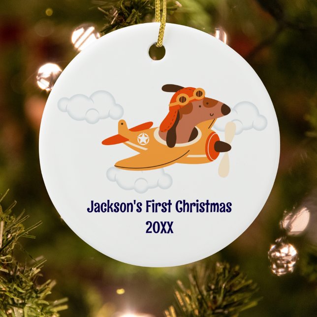 Adorno De Cerámica Boy First Christmas Dog Pilot Airplane Cloud Funny (Subido por el creador)