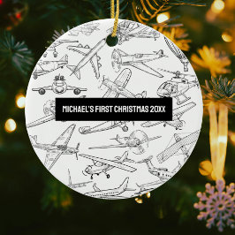 Adorno De Cerámica Boy First Christmas Hand Drawn Airplanes Aviation 