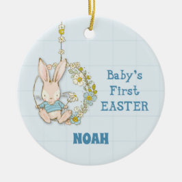 Adorno De Cerámica Boy First Easter Bunny on Flower Swing