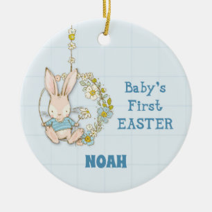 Adorno De Cerámica Boy First Easter Bunny on Flower Swing
