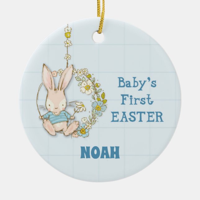 Adorno De Cerámica Boy First Easter Bunny on Flower Swing (Frente)