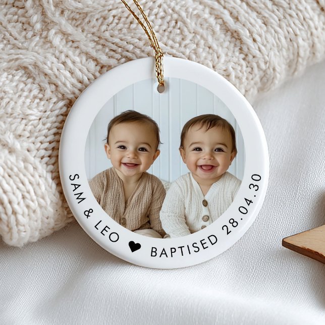 Adorno De Cerámica Boy Twins Baptism Photo Keepsake (Zazzle Boy Twins Baptism Photo Keepsake Ceramic Ornament)