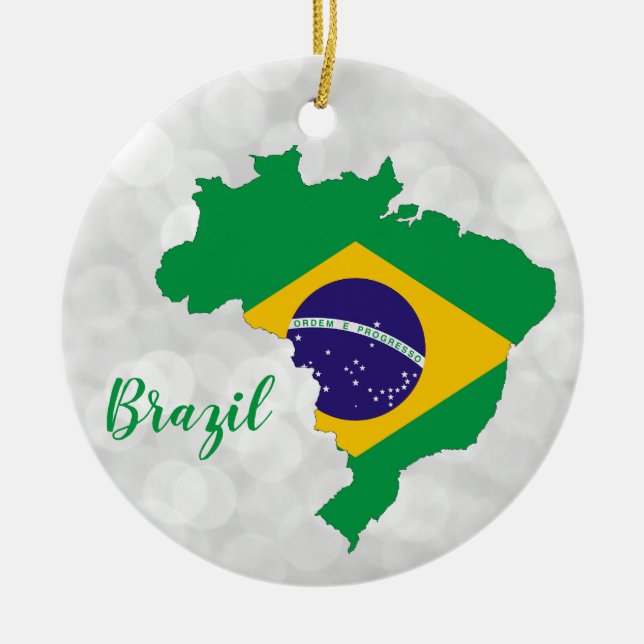 Adorno De Cerámica Brasil: Navidades del mapa de bandera brasileña (Frente)