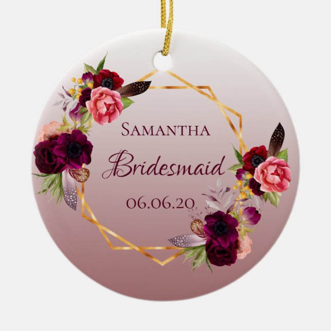 Adorno De Cerámica Bridesmaid cinnamon rosa florals burgundy (Frente)