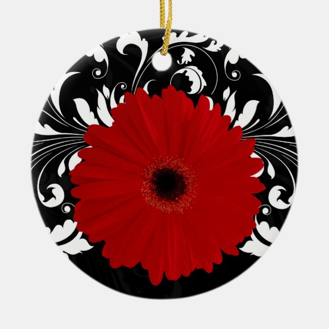 Adorno De Cerámica Brillante Red Gerbera Daisy sobre negro (Frente)