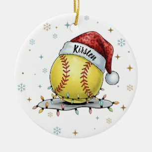 Adorno De Cerámica Brillo Estacional: Softbol con Sombrero de Santa