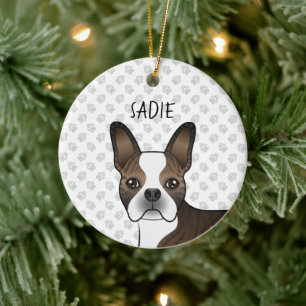 Adorno De Cerámica Brindle Boston Terrier Dog Head & Custom Name