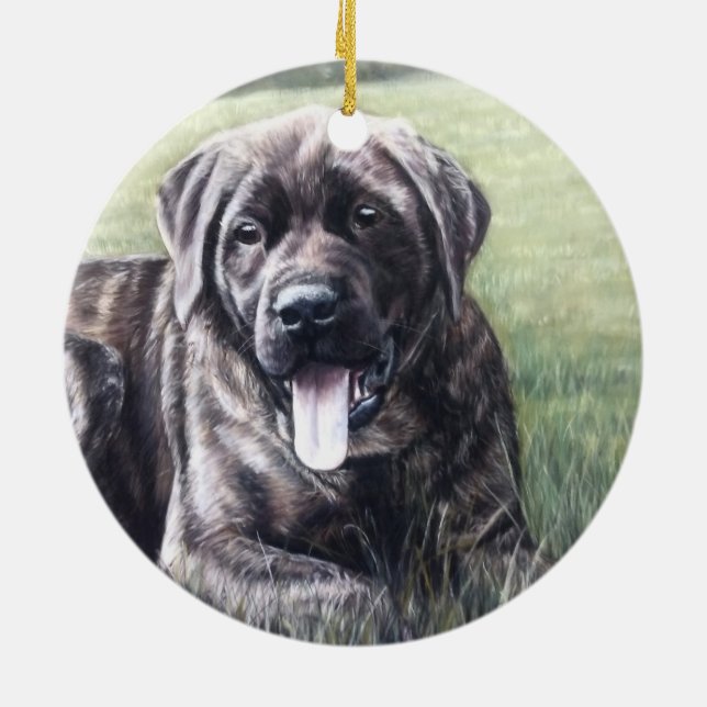 Adorno De Cerámica Brindle English mastiff tirada en la hierba (Atrás)