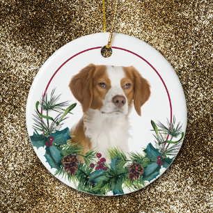 Adorno De Cerámica Brittany Dog Evergreen Wreath
