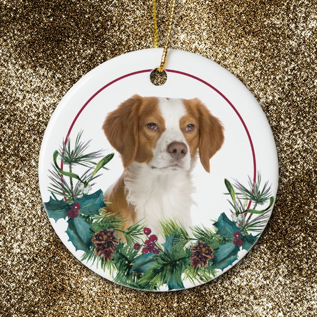 Adorno De Cerámica Brittany Dog Evergreen Wreath (Subido por el creador)