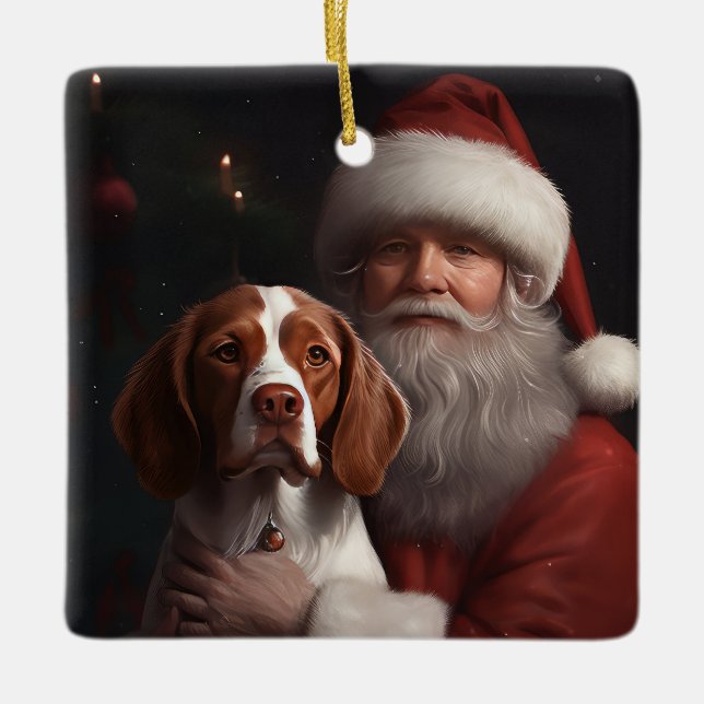 Adorno De Cerámica Brittany Spaniel con Papá Noel Navidad (Anverso)