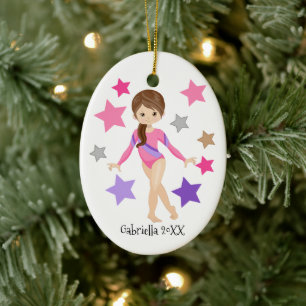 Adorno De Cerámica Brown Haired Gymnast Girl Gymnastics Christmas