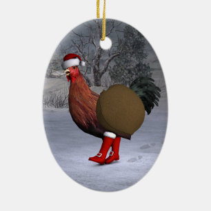 Adorno De Cerámica Brown Rooster Santa Claus