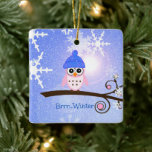 Adorno De Cerámica Brrr...Winter, Sr. Hoot Owl,<br><div class="desc">Copos de nieve blancos de invierno con el caprichoso Sr. Hoot Owl con una gorra de esquí azul perwinkle: "Brrr... Winter."</div>