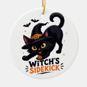 Adorno De Cerámica Bruja Adorable Gato Negro Compañero Halloween