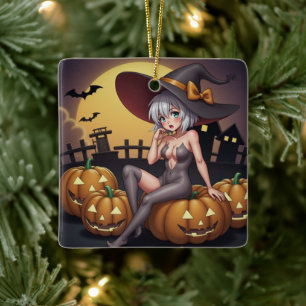 Adorno De Cerámica Bruja en la granja de Jack-O-Lantern de Halloween