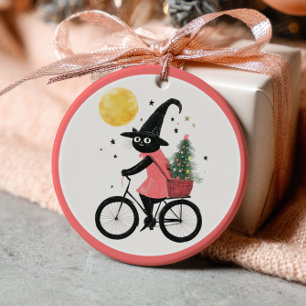 Adorno De Cerámica Bruja Gato Negro en Bicicleta Árbol de Navidad Nav