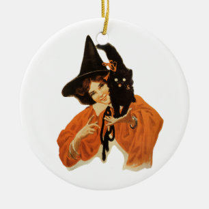 Adorno De Cerámica Bruja Hermosa Vintage con Gato Negro en Hombro