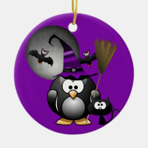 Adorno De Cerámica Bruja Pingüino Halloween