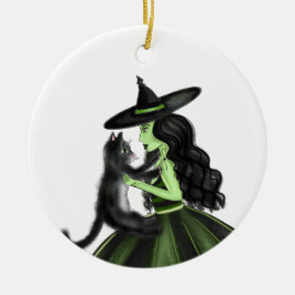 Adorno De Cerámica Bruja Verde con Gato Peludo Negro