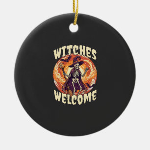 Adorno De Cerámica Brujas Bienvenido Halloween Esqueleto Bruja Escoba