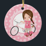 Adorno De Cerámica Brunette Bicycle Girl - Pink White<br><div class="desc">This design features a cute brunette girl with her pink bicycle. On pink and white cute scallop accent background.</div>