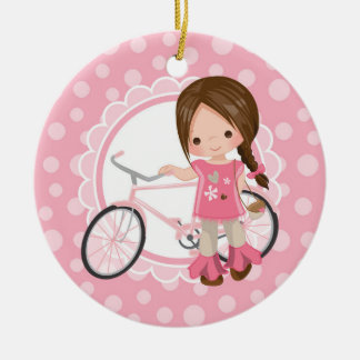 Adorno De Cerámica Brunette Bicycle Girl - Pink White