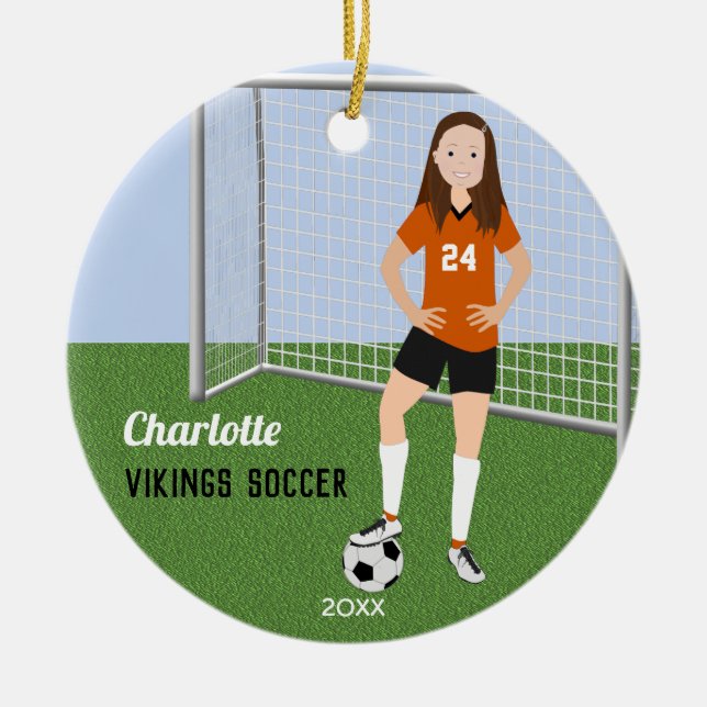 Adorno De Cerámica Brunette De Fútbol En Naranja (Frente)