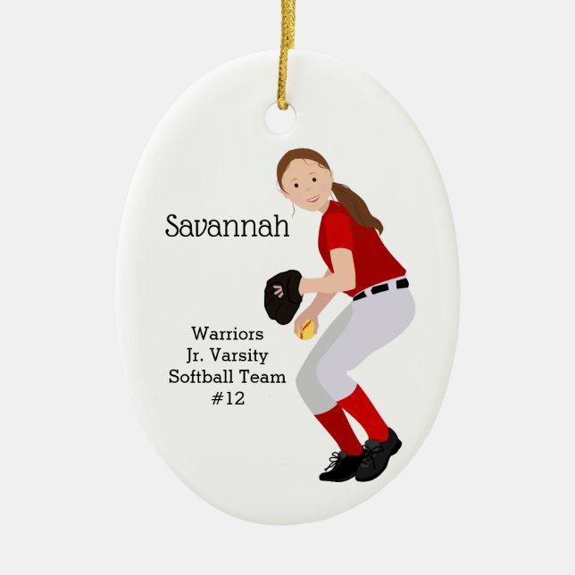 Adorno De Cerámica Brunette femenina de Softbol Rojo y Blanco (Frente)