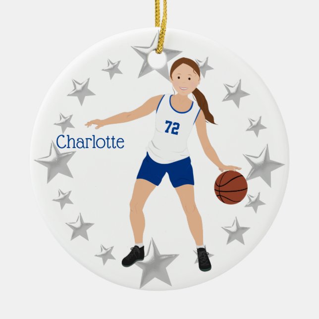 Adorno De Cerámica Brunette Girl Basketball Player White & Blue (Frente)