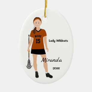 Adorno De Cerámica Brunette Lacrosse Player En Naranja Y Negro