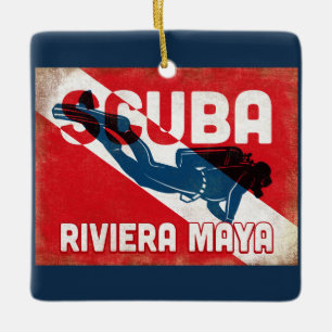 Adorno De Cerámica Buceador del maya de Riviera - retro azul